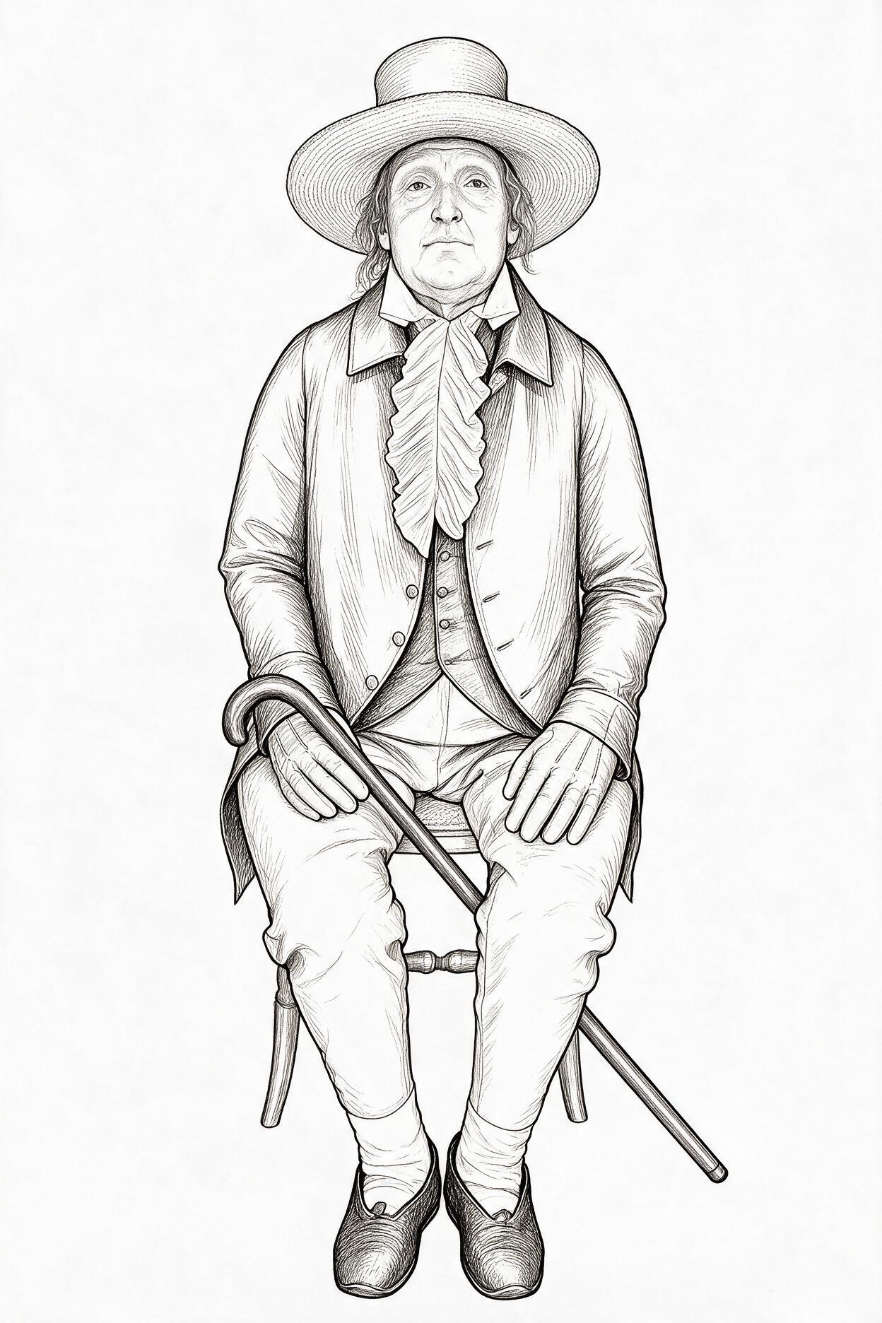Line drawing of Jeremy Bentham seated as an Auto-Icon