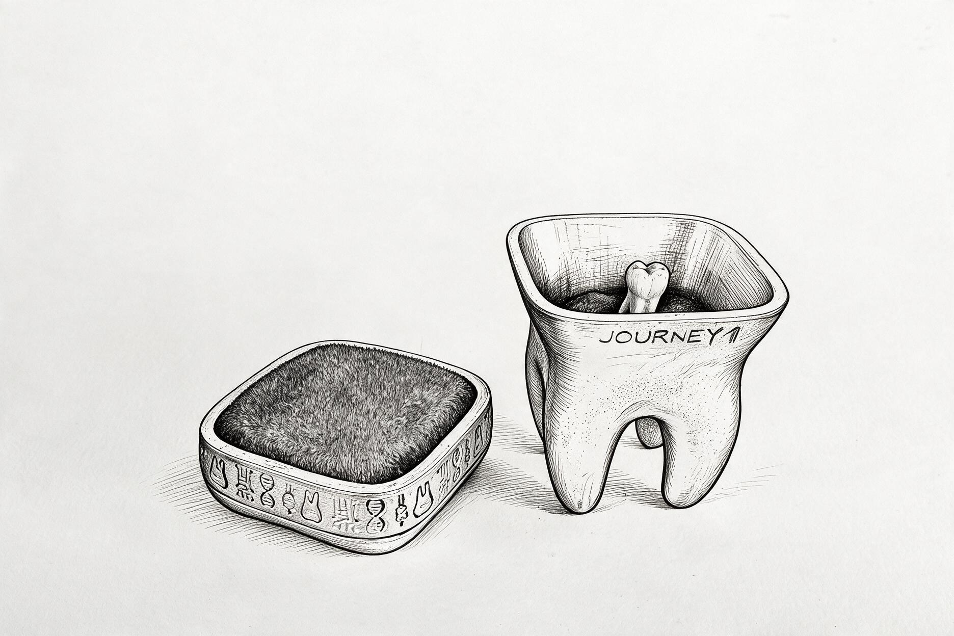 Line drawing of the open Journey 1 internal archive vessel, human tooth, and vessel cap
