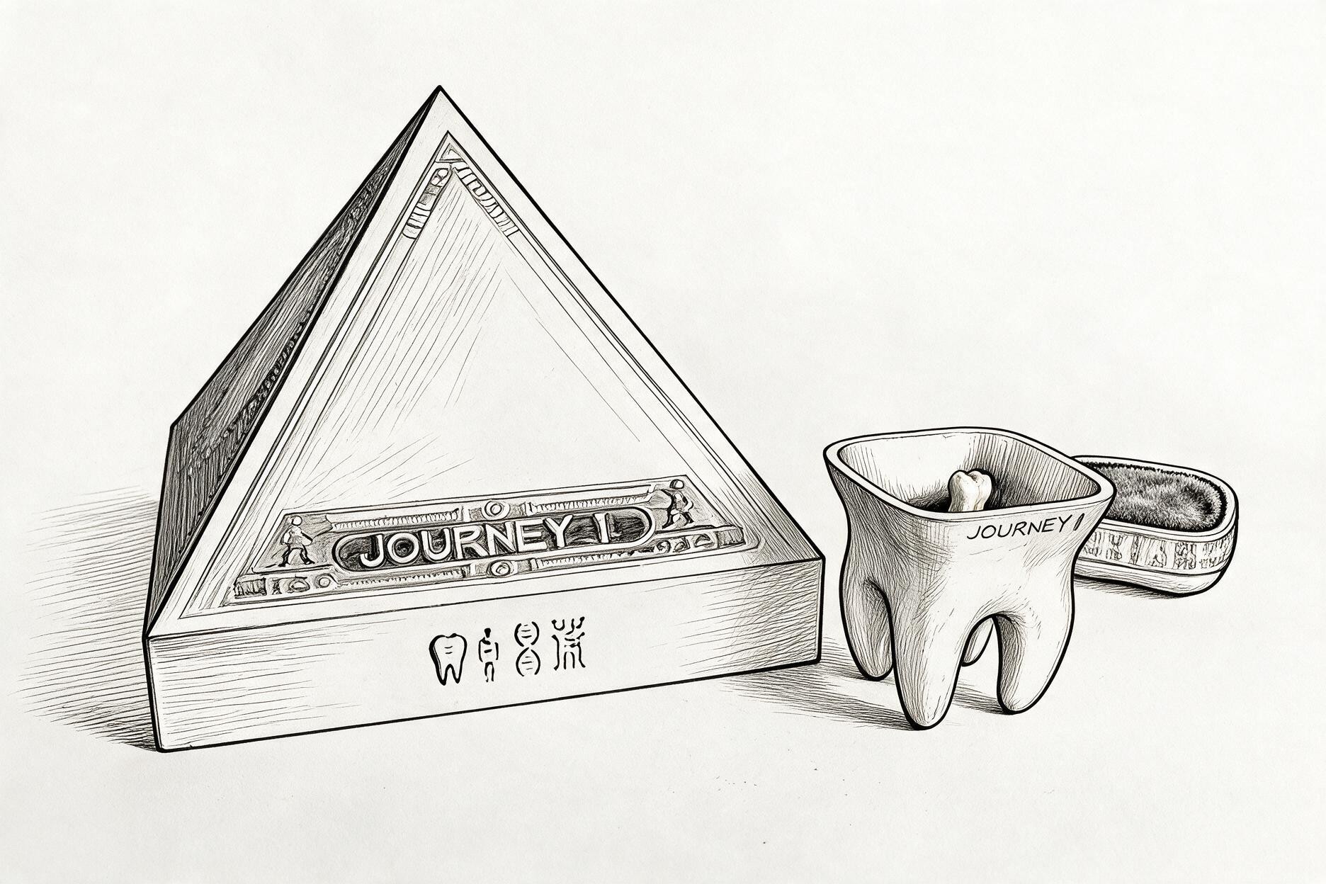Line drawing of the Journey 1 pyramid cover, internal vessel, and removable cap